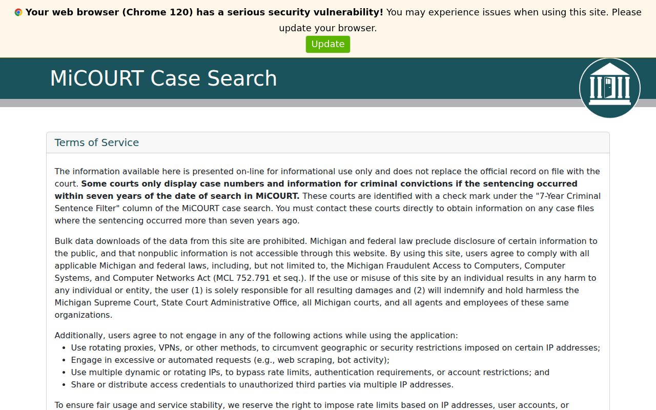 Kalkaska County case search MiCOURT name and case number interface