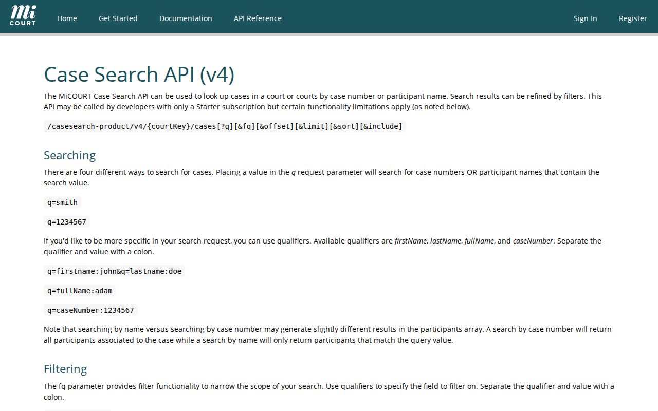 Kalkaska County case search official MiCOURT API filter documentation