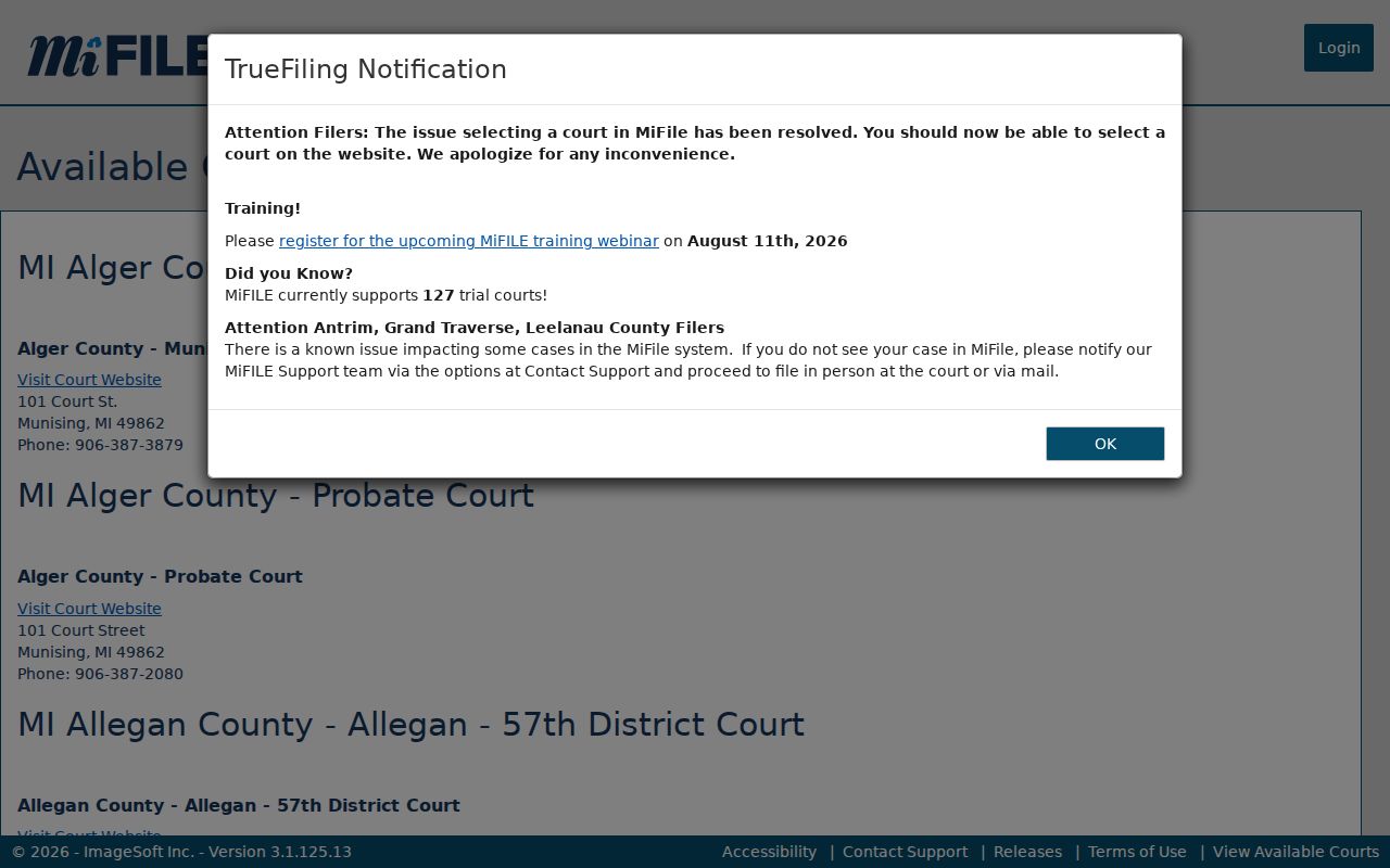 Kalkaska County case search MiFILE available courts interface