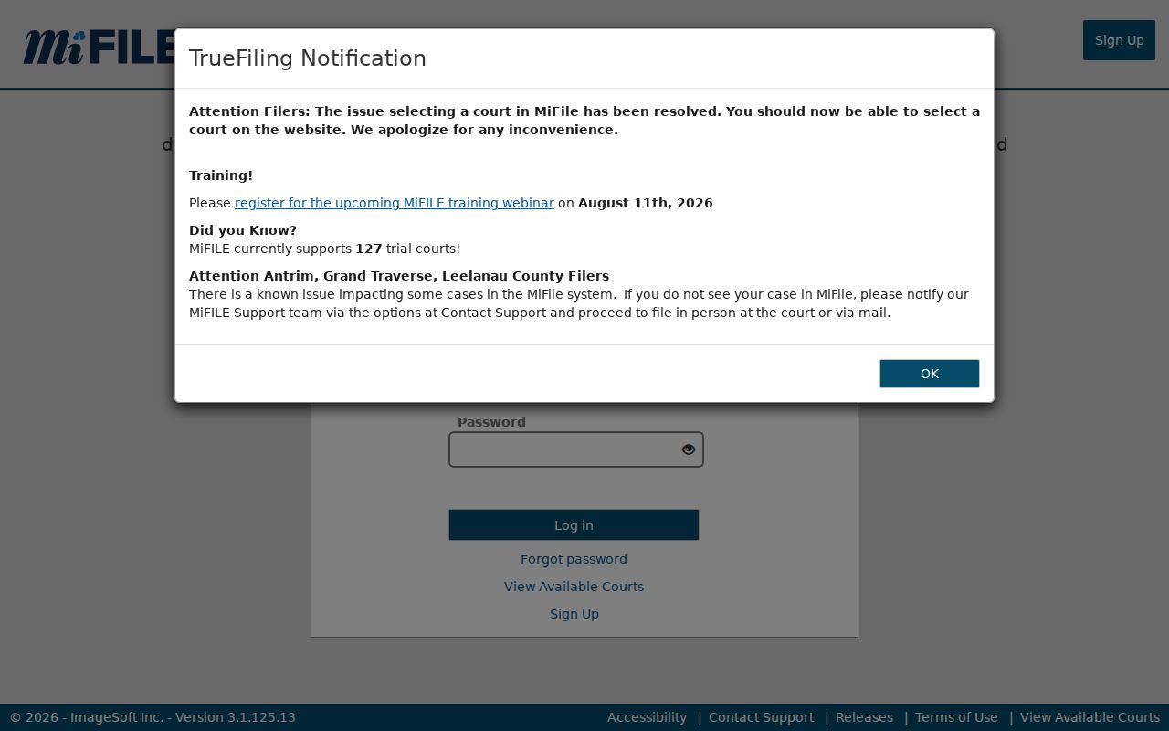 Kalkaska County civil court docket MiFILE login screen