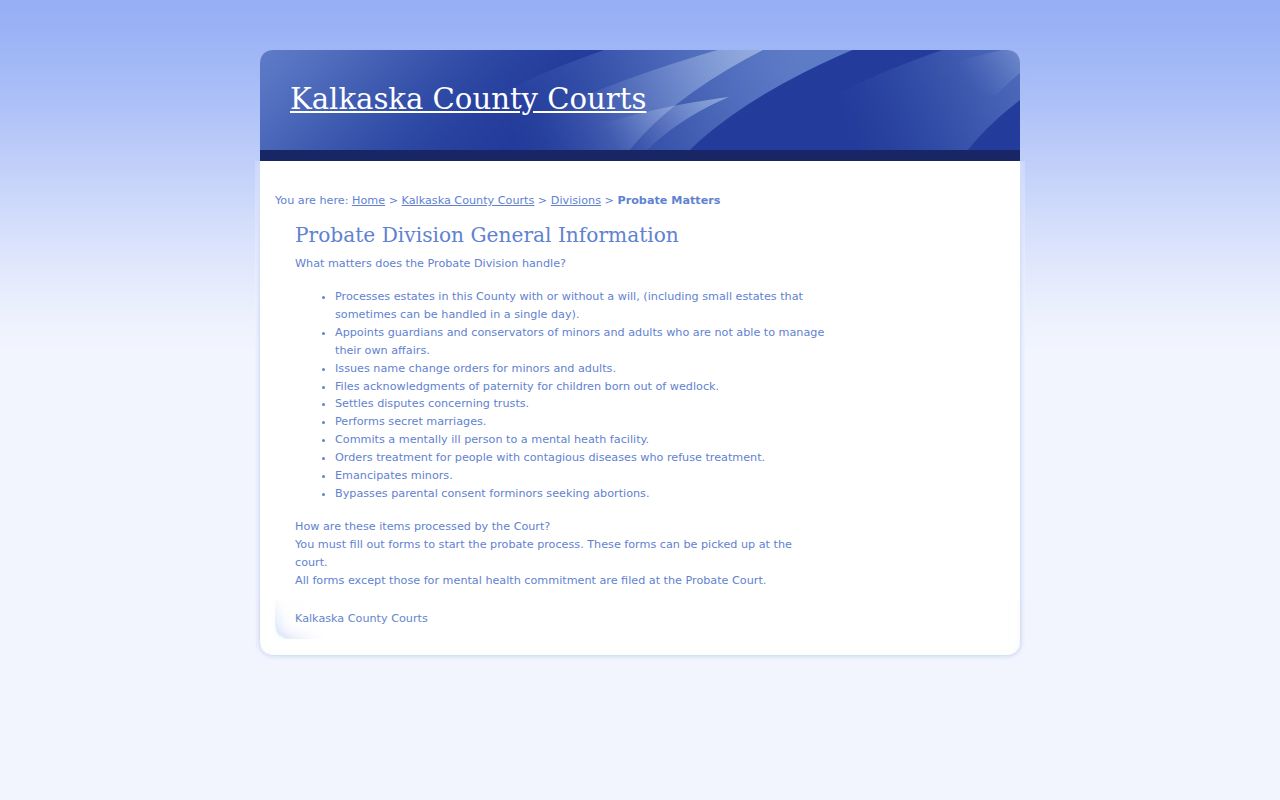 Kalkaska County court calendar Probate Division instructions