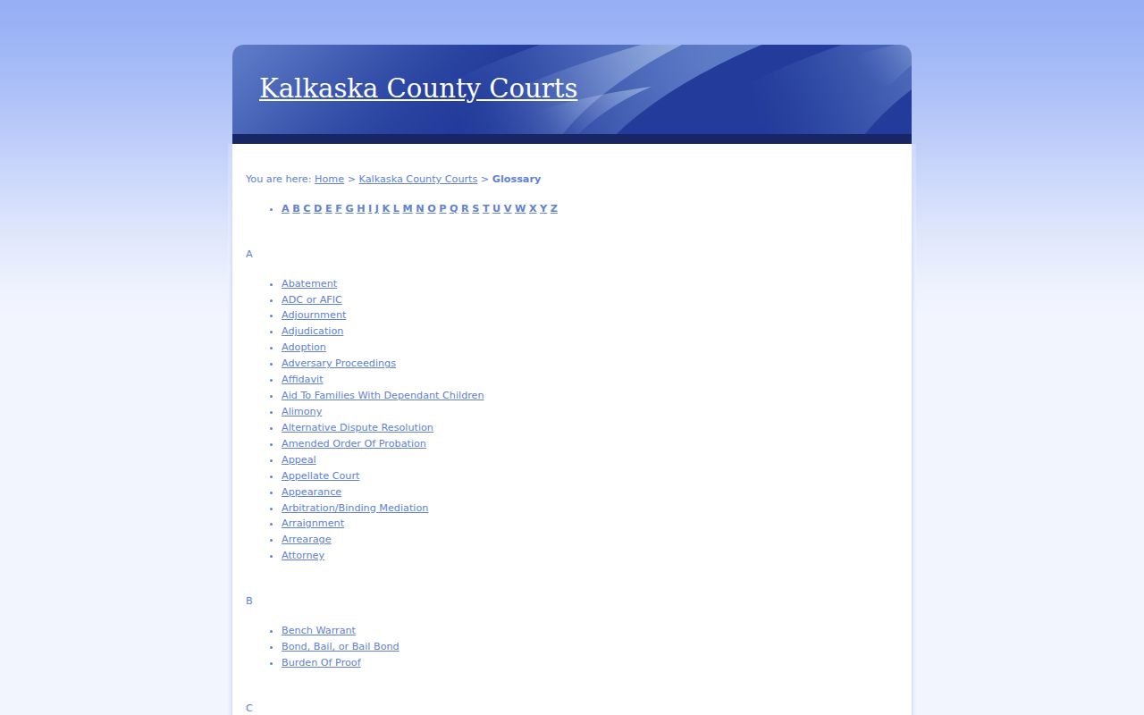 Kalkaska County court calendar local docket glossary