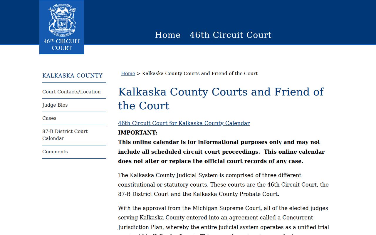 Kalkaska County court docket unified trial court overview
