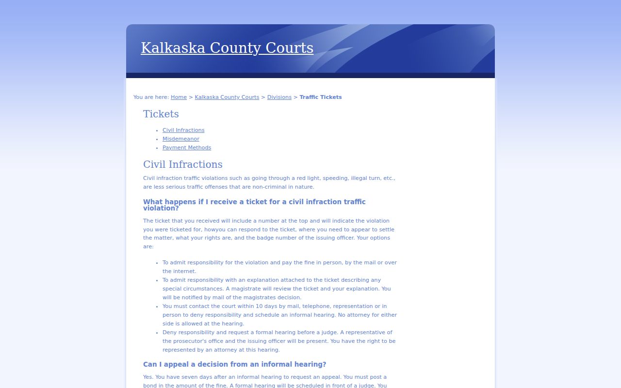 Kalkaska County traffic court record instructions from the local court
