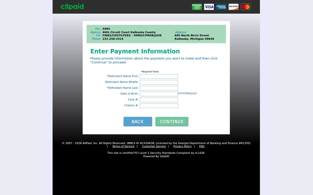 Kalkaska County traffic court payment form linked by the court